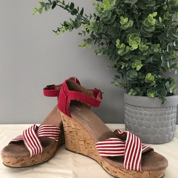 Toms Red Stripe Wedge Sandals - Picture 1 of 5